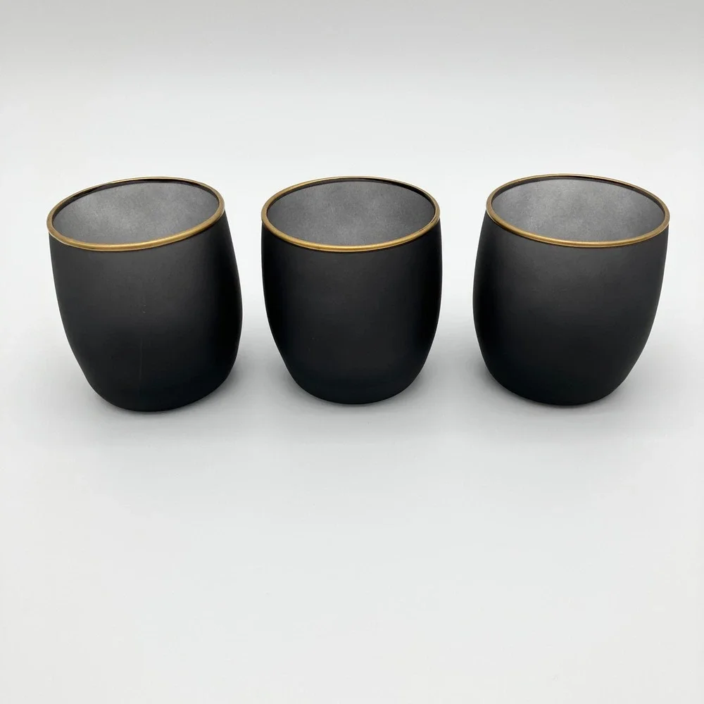 Votive Candle Holders Set of 3 Matte Black Gold Rim Frosted Glass